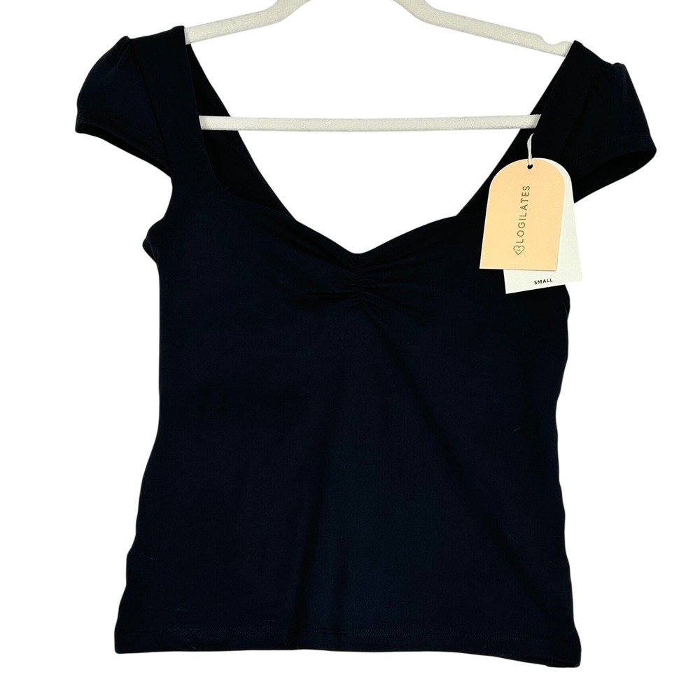 LOGILATES Jet Black Sweetheart Baby Tee Shelf Bra Women's Size Small NWT